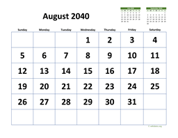August 2040 Calendar with Extra-large Dates