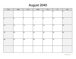 August 2040 Calendar with Weekend Shaded