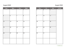 August 2040 Calendar on two pages