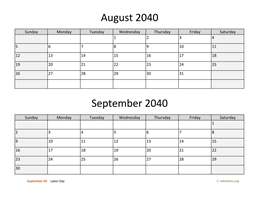 August and September 2040 Calendar