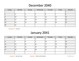 December 2040 and January 2041 Calendar