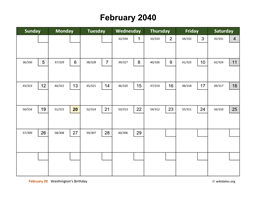 February 2040 Calendar with Day Numbers