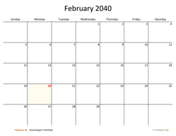 February 2040 Calendar with Bigger boxes