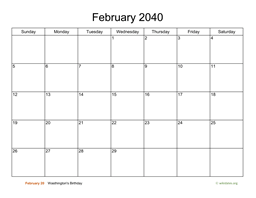 Basic Calendar for February 2040