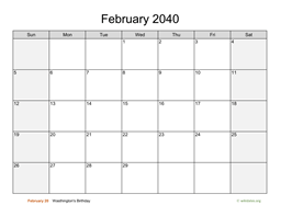 February 2040 Calendar with Weekend Shaded