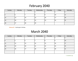 February and March 2040 Calendar