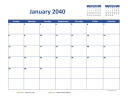 January 2040 Calendar Classic