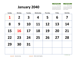 January 2040 Calendar with Extra-large Dates