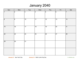 January 2040 Calendar with Weekend Shaded