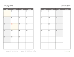 January 2040 Calendar on two pages