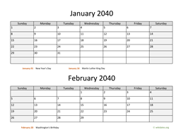 January and February 2040 Calendar