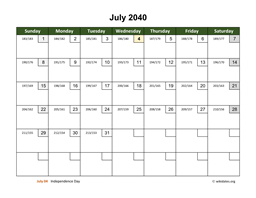 July 2040 Calendar with Day Numbers