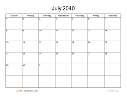 Basic Calendar for July 2040