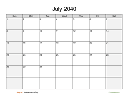 July 2040 Calendar with Weekend Shaded