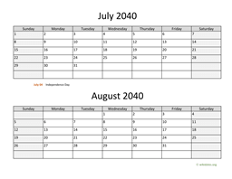 July and August 2040 Calendar