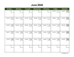 June 2040 Calendar with Day Numbers