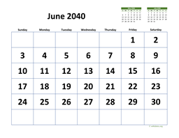 June 2040 Calendar with Extra-large Dates