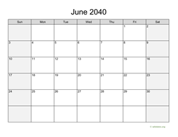 June 2040 Calendar with Weekend Shaded