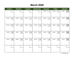 March 2040 Calendar with Day Numbers