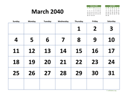 March 2040 Calendar with Extra-large Dates