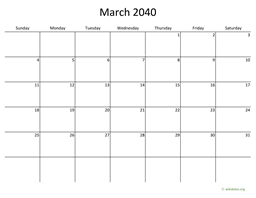 March 2040 Calendar with Bigger boxes