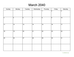 Basic Calendar for March 2040