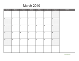 March 2040 Calendar with Notes