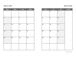 March 2040 Calendar on two pages