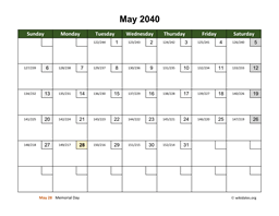 May 2040 Calendar with Day Numbers