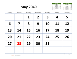 May 2040 Calendar with Extra-large Dates