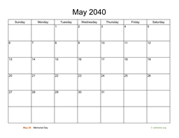 Basic Calendar for May 2040
