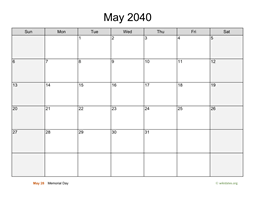 May 2040 Calendar with Weekend Shaded