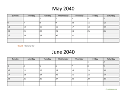 May and June 2040 Calendar