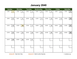 Monthly 2040 Calendar with Day Numbers