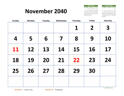 November 2040 Calendar with Extra-large Dates