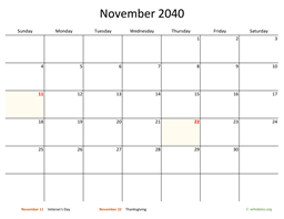 November 2040 Calendar with Bigger boxes