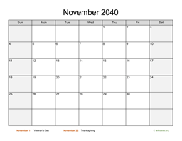 November 2040 Calendar with Weekend Shaded