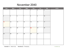 November 2040 Calendar with Notes