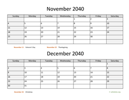 November and December 2040 Calendar