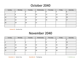October and November 2040 Calendar