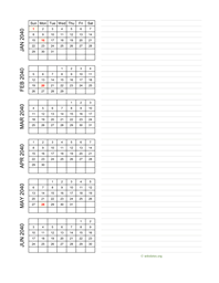 six months 2040 calendar vertical with notes