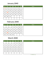 three months 2040 calendar vertical with notes