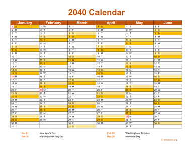 2040 Calendar on 2 Pages, Landscape Orientation