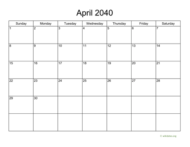Basic Calendar for April 2040