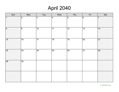 April 2040 Calendar with Weekend Shaded | WikiDates.org