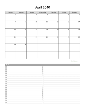 April 2040 Calendar with To-Do List