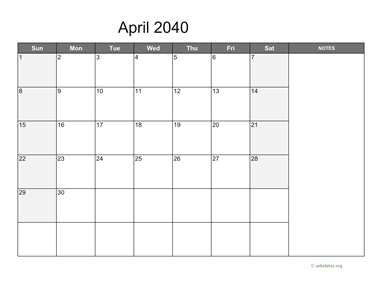 April 2040 Calendar with Notes