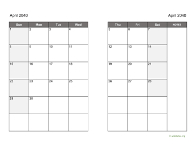 April 2040 Calendar on two pages