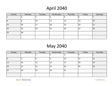 April and May 2040 Calendar Horizontal