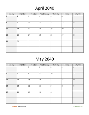 April and May 2040 Calendar Vertical